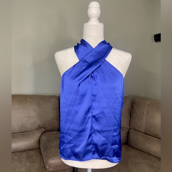 Sincerly Jules Tops - NWT Sincerely Jules Blue Satin Criss Cross Front Sleeveless Top Sz Small